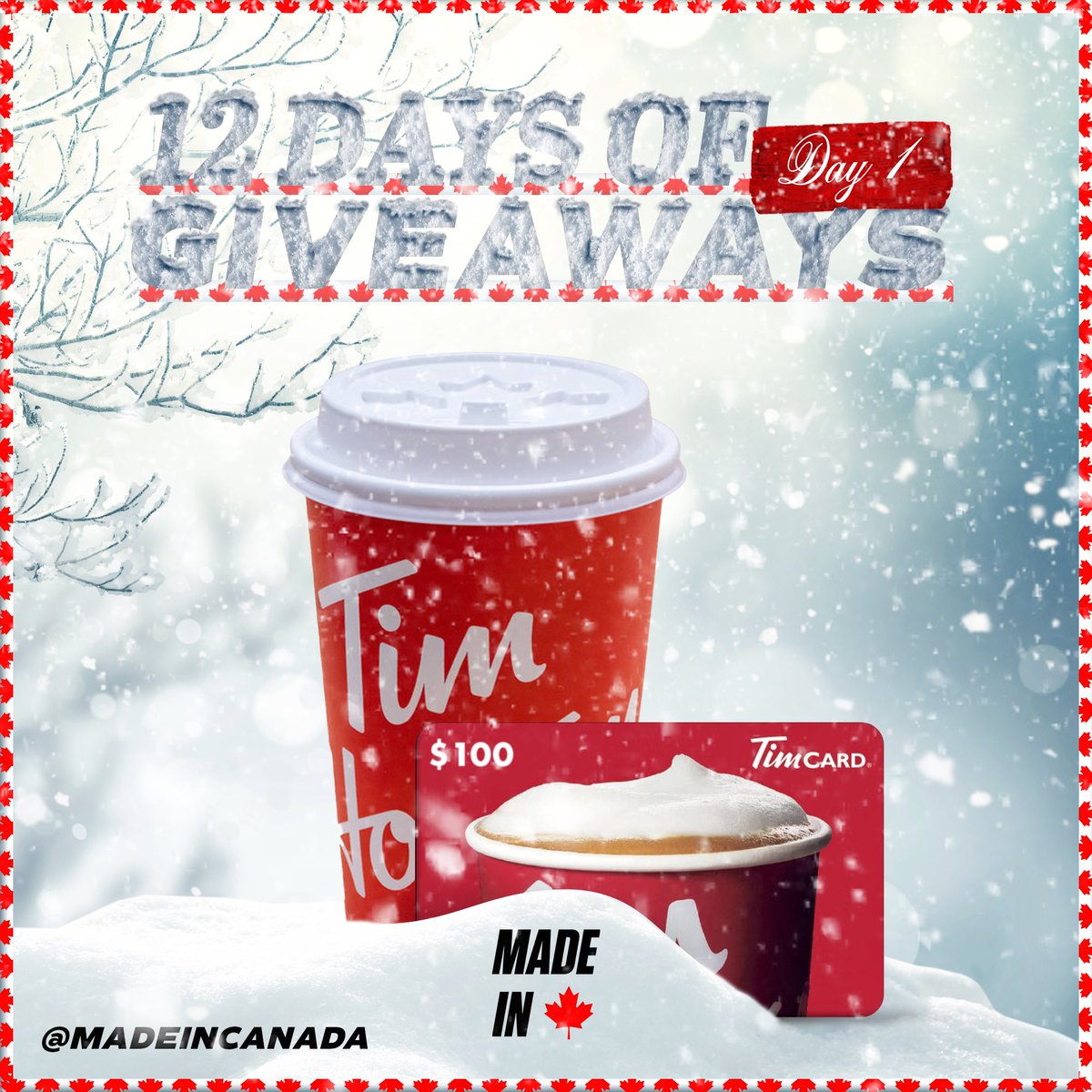 🎁12 DAYS OF GIVEAWAYS🎁

Today is day #1 of our 12 days of giveaways for the Holiday season! 1st prize is a $100 CAD gift card to Tim Hortons. 🍩☕️

To Enter:

1. Follow <a href="/MadelnCanada/">Made In Canada</a> 
2. Like ❤️ &amp; RT 🔄 this tweet.
3. Reply with what you’ll purchase!

Good luck 🎅🏼❄️