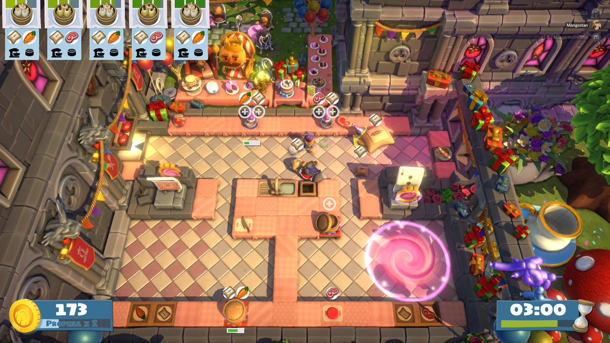 Mangoscat's tweet image. That one time when we got a huge flour and dishes. @Overcookedgame #OvercookedFestiveFun