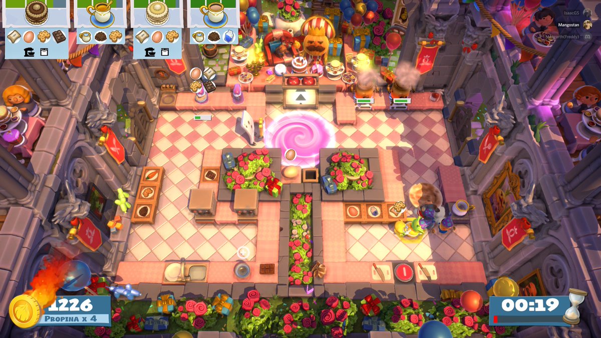 Mangoscat's tweet image. That one time when we got a huge flour and dishes. @Overcookedgame #OvercookedFestiveFun