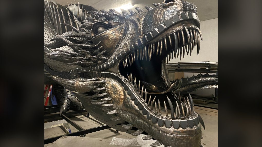CTVNews's tweet photo. Massive, fire-breathing dragon crafted by artist in a B.C. barn https://t.co/8TpxP8lKed https://t.co/D8zN3PLSRV