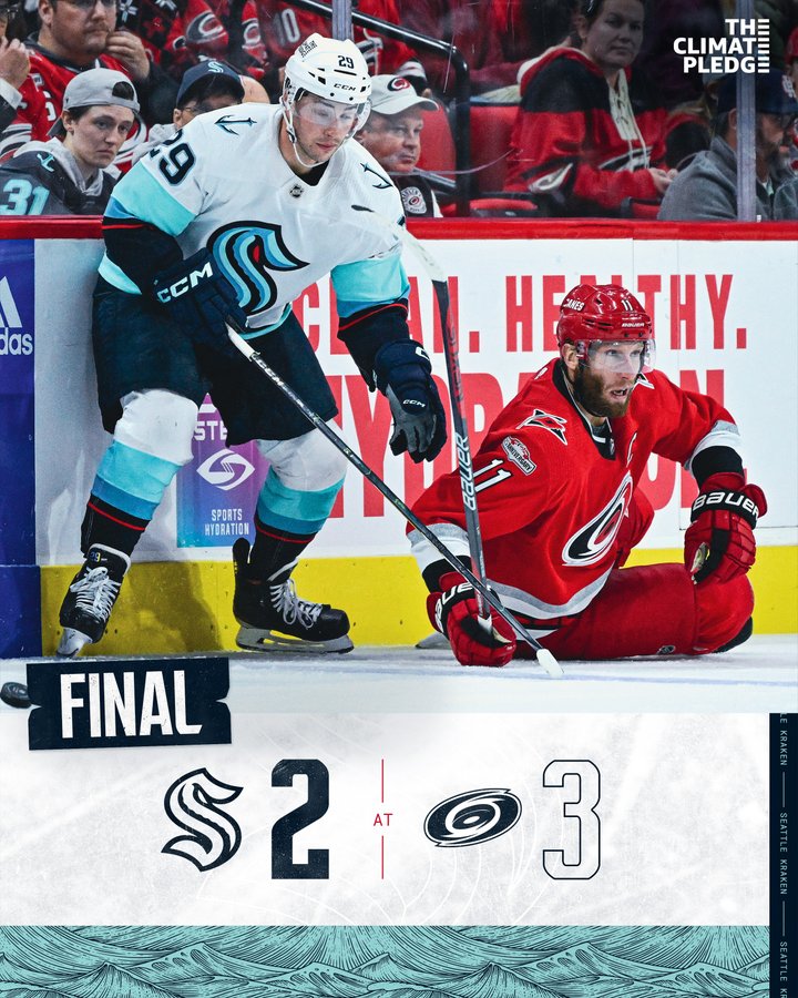 kraken final score graphic reading: kraken 2, hurricanes 3, and featuring a photo of Vince dunn playing the puck