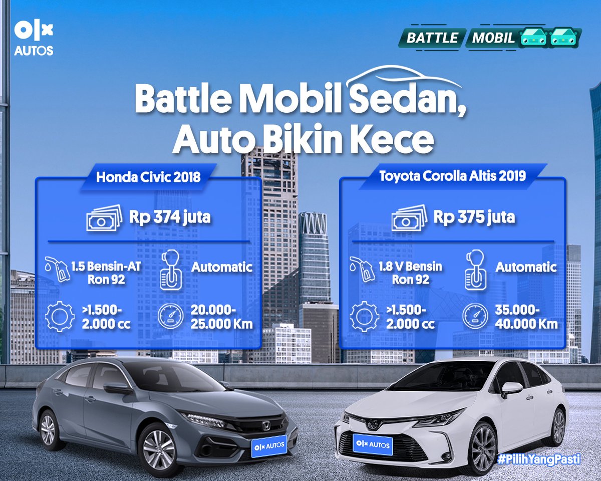 olxid_official's tweet photo. #BattleAutos kali ini bakalan ngebahas dua mobil sedan kece dari negeri sakura! Retweet kalo kamu suka Honda Civic 2018 dan klik 💙 kalo lebih suka Toyota Corolla Altis 2019 ya! https://t.co/ej6JHjdk5U