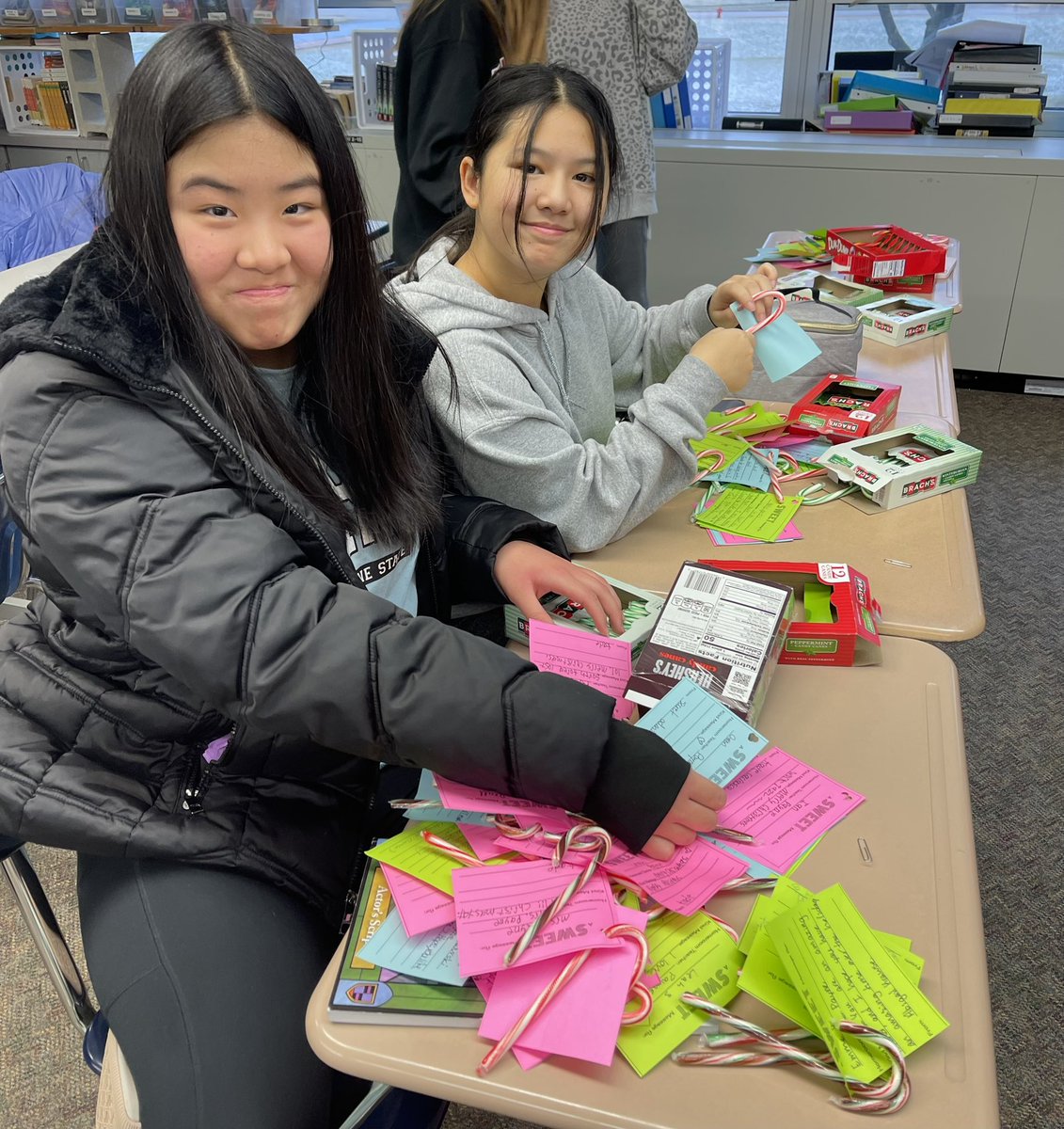 mrschudiktweets's tweet photo. These elves are hard at work to spread some HOLIDAY CHEER! Friday morning over 800 kind messages will be spread… We are beyond grateful for the LMS Student Council who create a positive school environment at LMS!💜 @LundahlLions @d47schools_ https://t.co/QkZYRjCskk