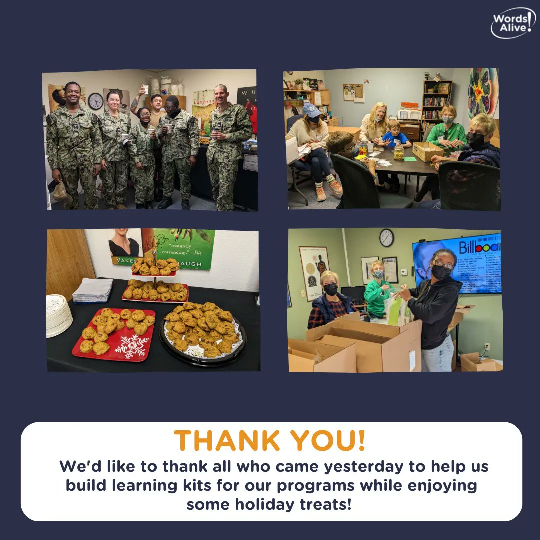 WordsAliveSD's tweet photo. We'd like to thank @JimbosNaturally, @sdworkforce, @HandsOnSanDiego, USS Germantown, many of our classroom volunteers, and all others who came yesterday to help us build learning kits for our programs while enjoying some holiday treats! https://t.co/qlcUtwdm5B