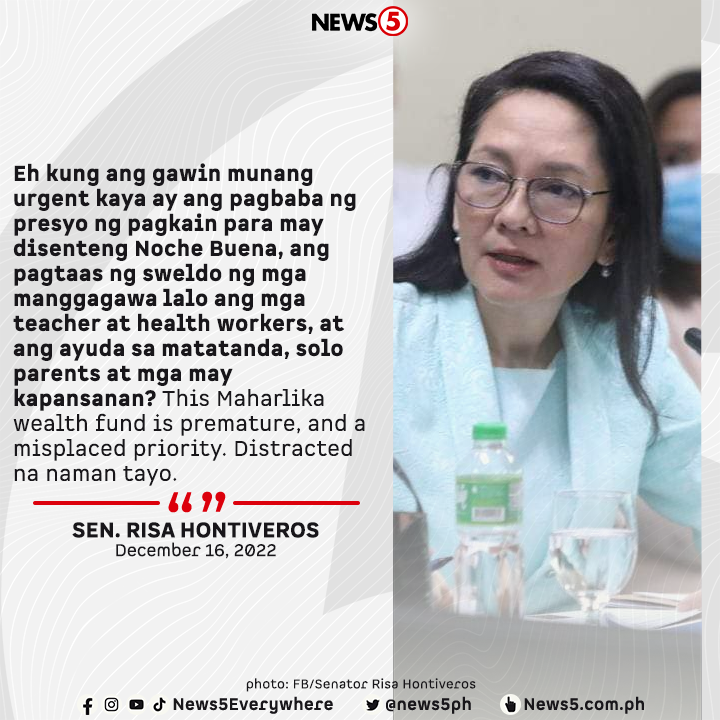 News5PH's tweet photo. "DISTRACTED NA NAMAN TAYO"

Ikinadismaya ni Sen. Risa Hontiveros ang pag-certify as urgent ni Pres. Bongbong Marcos sa Maharlika Investment Fund Bill.
Lusot na sa Kamara sa ikatlo at huling pagbasa ang naturang panukala, December 15.

WATCH: https://t.co/uVahkWkClT https://t.co/hWvxk4NJm8
