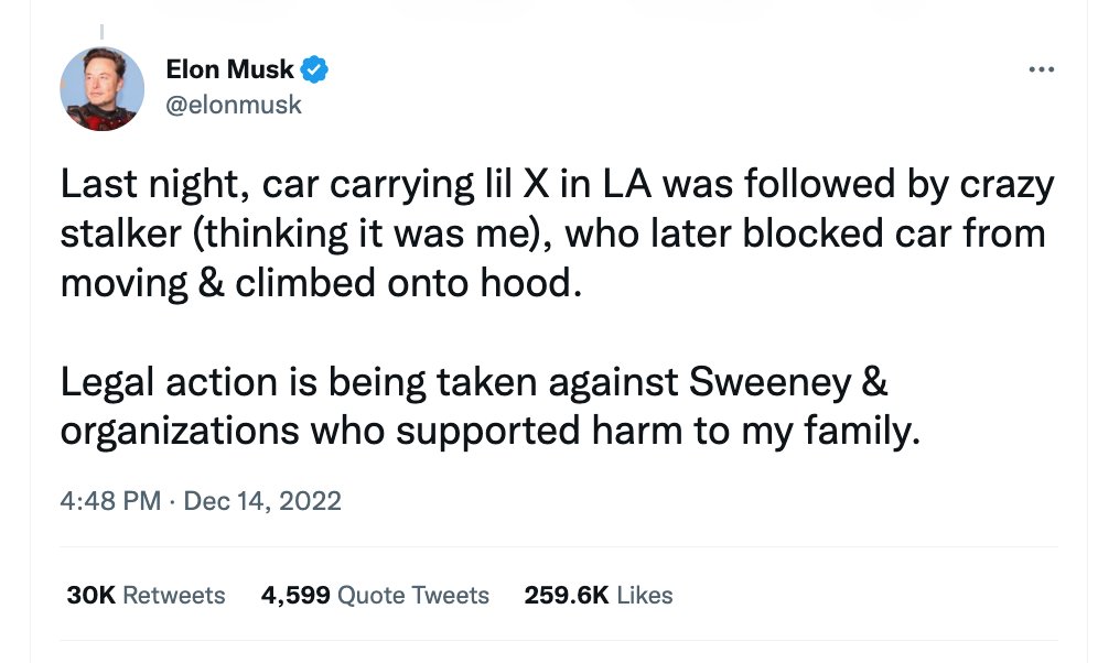 I emailed <a href="/LAPDHQ/">LAPD HQ</a> yesterday about this tweet. Their statement today: 

"LAPD's Threat Management Unit (TMU) is aware of the situation and tweet by Elon Musk and is in contact with his representatives and security team.  No crime reports have been filed yet."