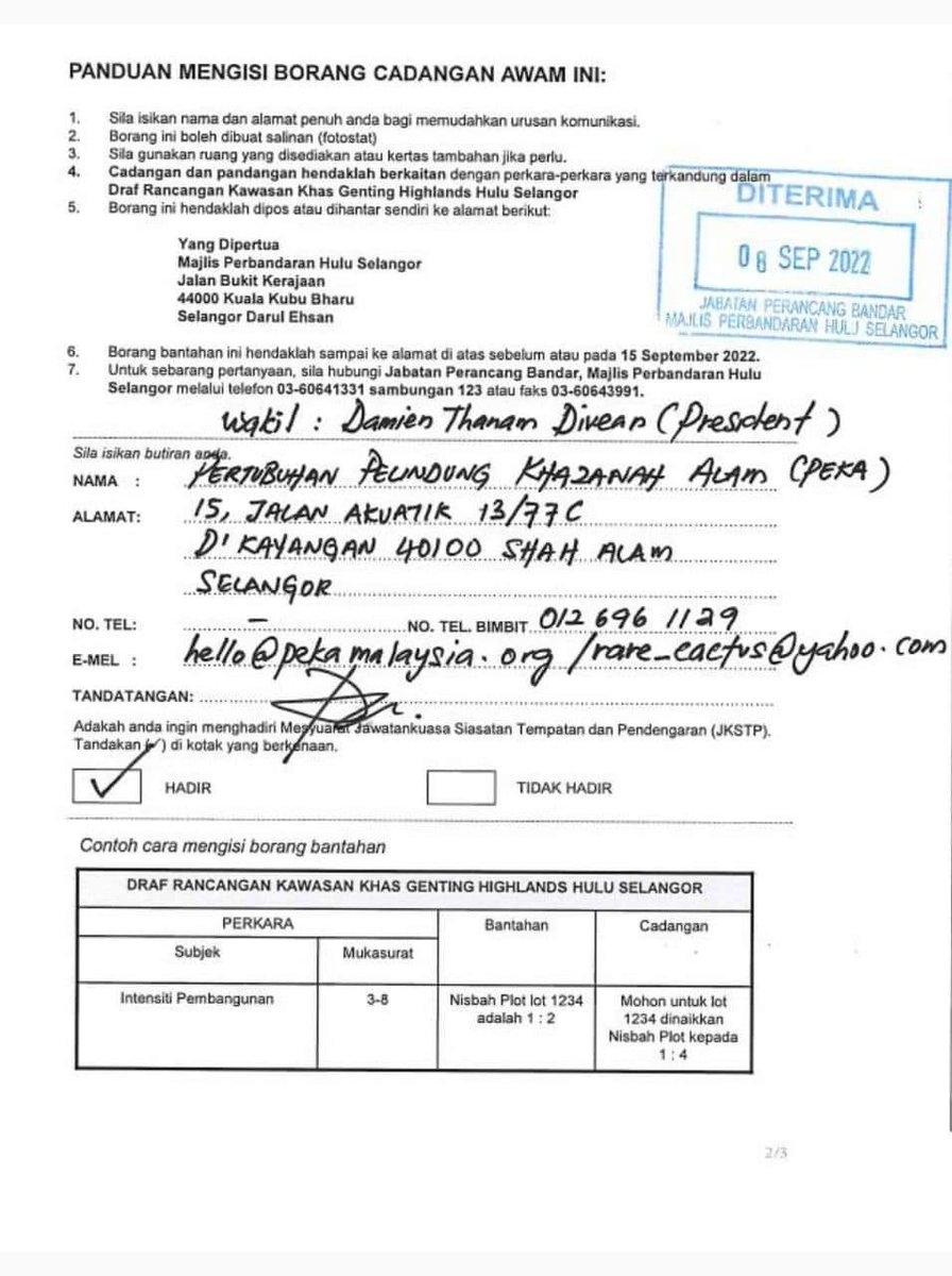 tunfarulazri's tweet photo. 8hb Sep 2022, Pertubuhan Pelindung Khazanah Alam (@PEKA_MY) tlh membantah &amp; memberi cdng pd Kerajaan Negeri Slngr batalkan Rancangan Kawasan Khas Genting Highlands-Hulu Slngr &amp; wartakan kwsn tanah runtuh di Batang Kali ni sebagai 'Hutan Simpan Kekal'.

cc: @AmirudinShari https://t.co/JfoV6ip2yB