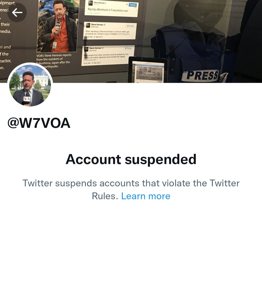 Chief National Correspondent for VOA News Steve Herman was just suspended from Twitter. #JournalismPurge
