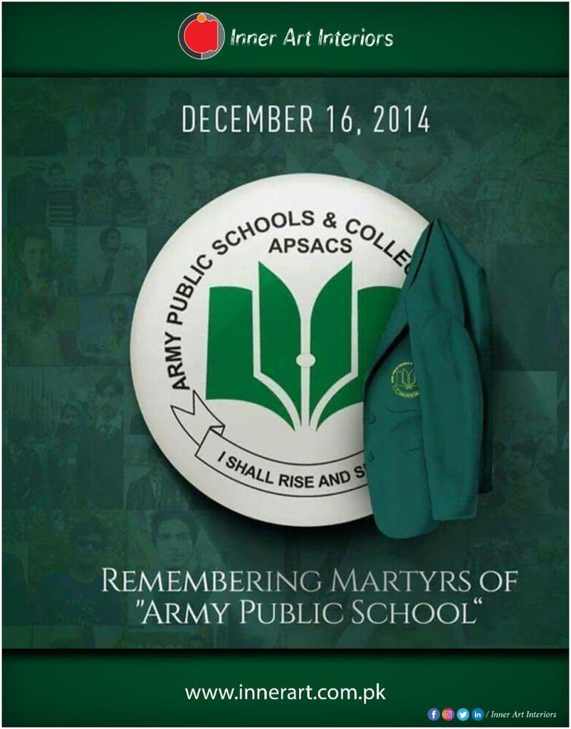 innerart786's tweet photo. People will remember the martyrs forever; this will be the mark of those who perish on the country….
Inner Art Interiors pays the tribute to the martyrs of APS….

#16thDecember #ArmyPublicSchool #BlackDayforPakistan https://t.co/TSo1BLOlYs