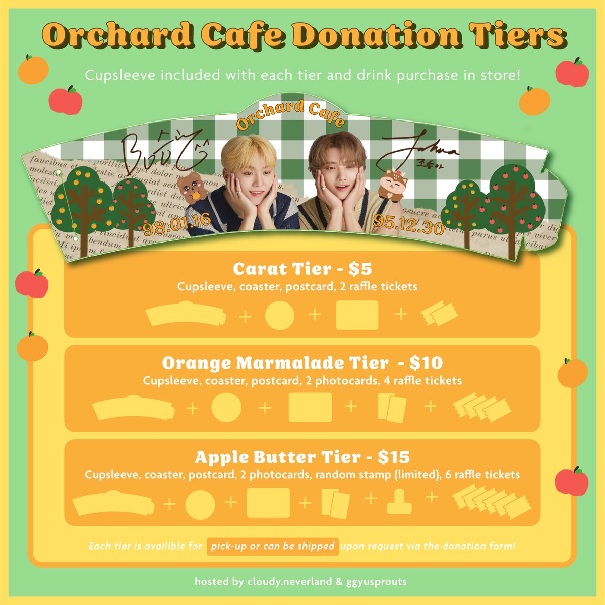 pilsprouts's tweet photo. 🍊Welcome To Orchard Cafe🍎
Birthday Fundraiser for BooShua

📆 Jan. 7, 2023

⏰ 1:00pm - 7:00pm

📍GenBobabee &amp; Coffee, Austin TX

📝 form: https://t.co/p0S1gizTe3

Donations equal to or above tier amounts will receive special gifts &amp; enter into the event raffle! ♡

rt to share https://t.co/d0caJiTkhC