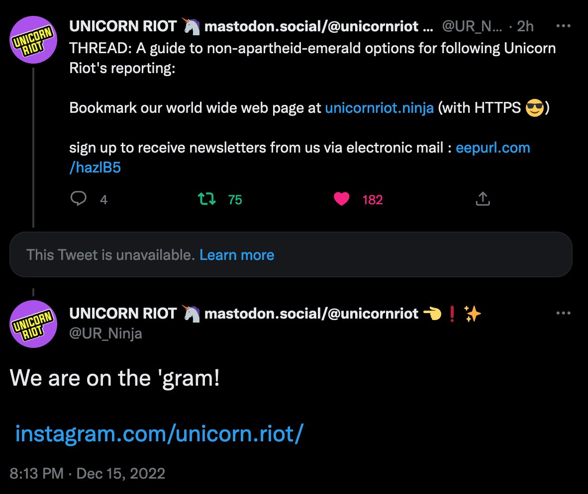 NYCAntifa's tweet photo. It appears that Twitter is selectively removing posts linking to Mastodon accounts or cross-posted from Mastodon servers. We noticed that some things we've RT'd from @UR_Ninja &amp; @afainatl have gone *poof* tonight.

👇The "unavailable" tweet in UR's thread linked to their Mastodon https://t.co/6DvPkrpJwR