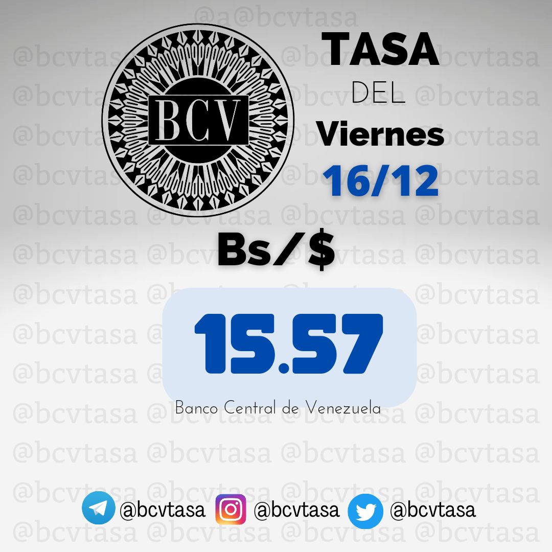 🛑Precio del Dolar Banco Central de Venezuela HOY
Viernes 16 de Diciembre. 

El tipo de cambio es el promedio de las operaciones en mesas de cambio de las instituciones bancarias

#bcv #bancocentral #dolarbcv
#MercadoCambiario