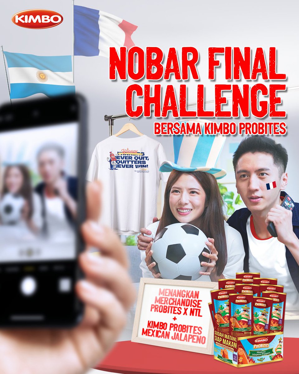 KimboIdn's tweet photo. Yuk ramaikan final gempita bola dunia! Siapin KIMBO Probites Mexican Jalapeno buat temen ngemil! 

Saat final, jangan lupa bagikan foto bareng Probites-nya dan menangkan hadiah Merchandise Probites X NTL serta Paket Produk KIMBO Probites Mexican Jalapeno untuk 5 orang pemenang. https://t.co/hIztDUeEXr