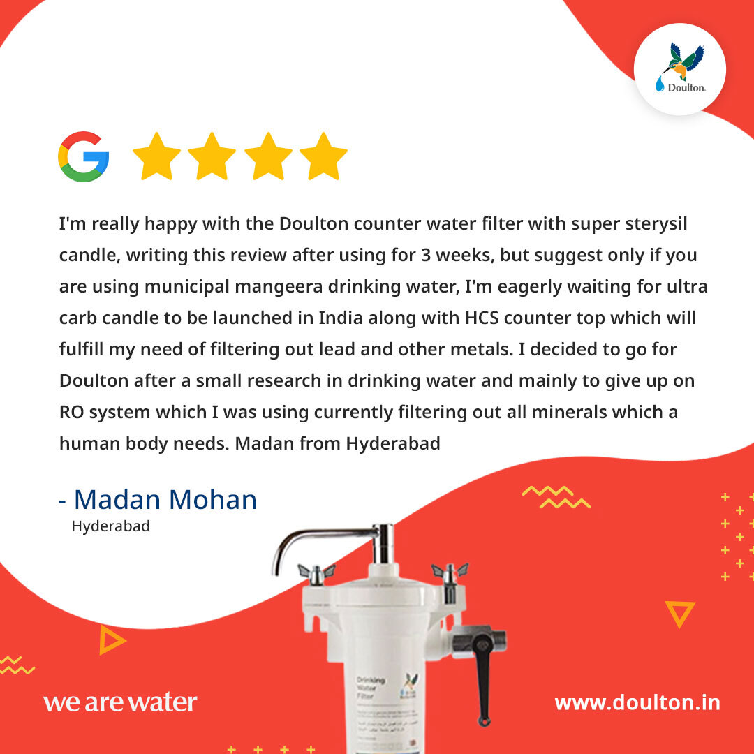 Hello Madan, so glad to know that you chose Doulton after so much extensive research, which gives us immense confidence in our product. We hope we continue to serve you for many more years.
#DoultonWaterFilter #WaterFilter #EcofriendlyFilter #testimonials #ceramiccandle #reviews