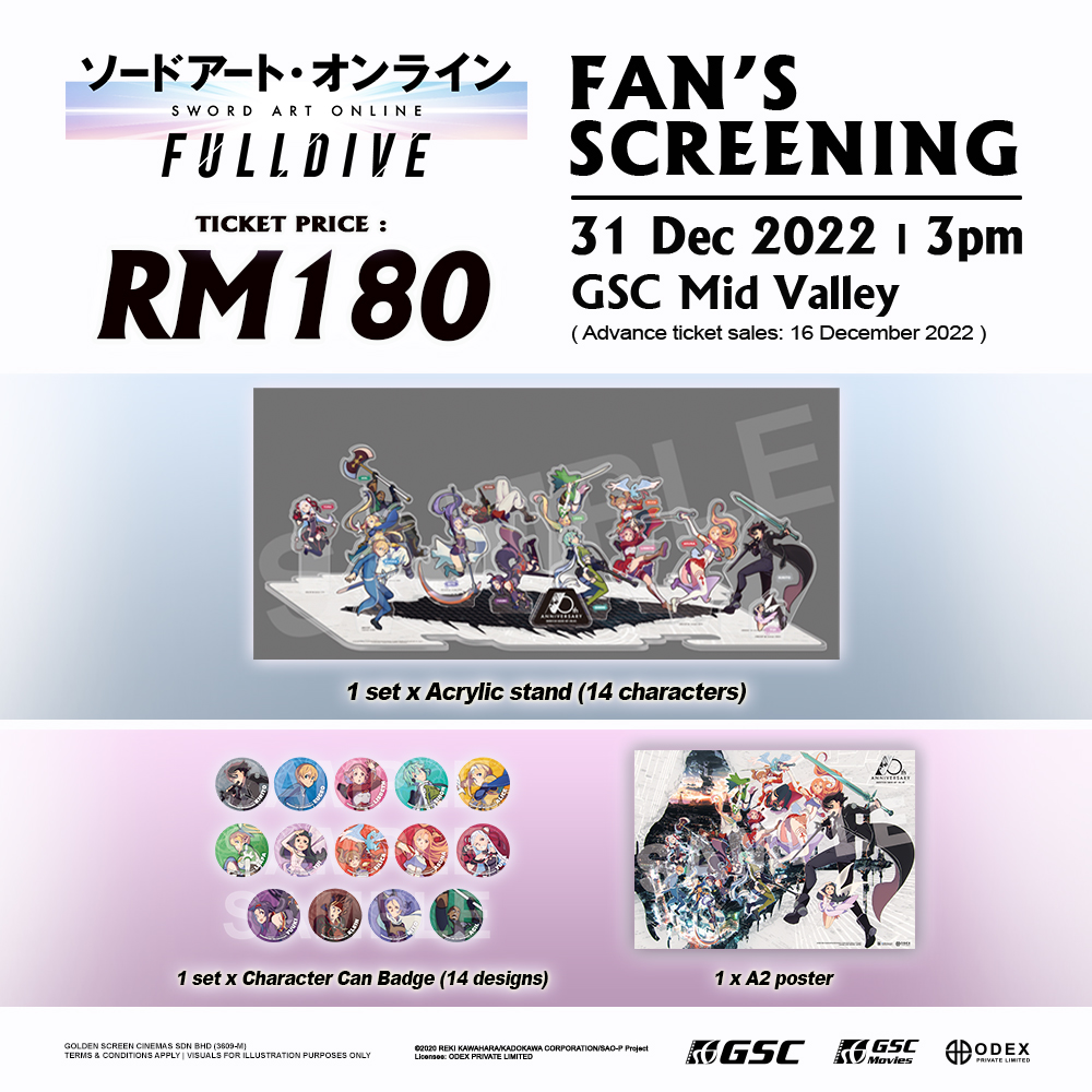 GSC_Movies's tweet photo. Fan's Screening untuk #SwordArtOnlineFULLDIVE sudah tiba! Beli tiket berharga RM180 dan dapatkan:
1x Acrylic stand (14 characters)
1x Character Can Badge (14 designs)
1x A2 Poster 🤩🤩

#ODEX_MB #ODEXAnime #GSCMovies #GSCMAnime #anime #SwortArtOnlinetheMovie https://t.co/dKs51qXnOB