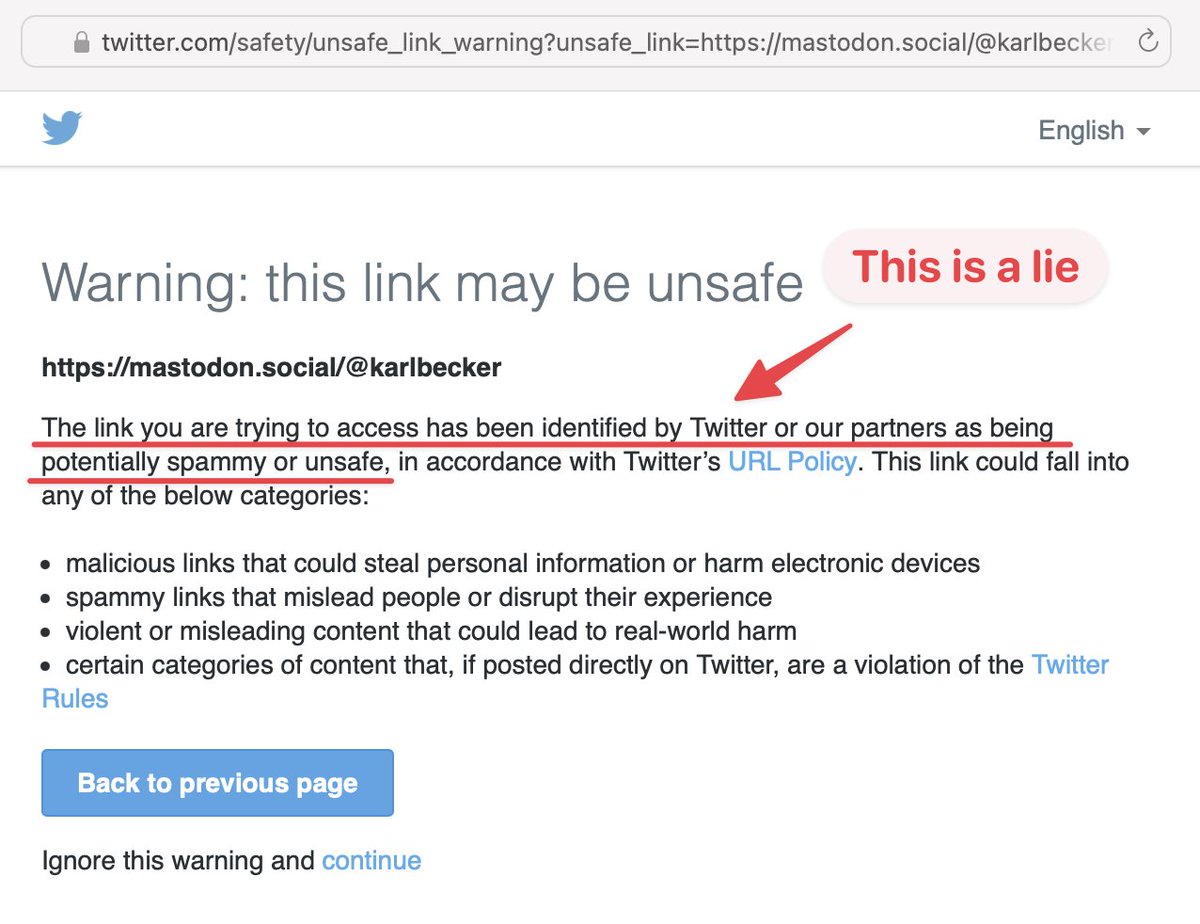 karlbecker_com's tweet photo. When you click on that mastodon link, Twitter says it's potentially spammy or unsafe.
That is a lie.
It's a link to another social network that is safe, and not spammy.
Please join me in #Mastodon https://t.co/3uVTW8tC4z