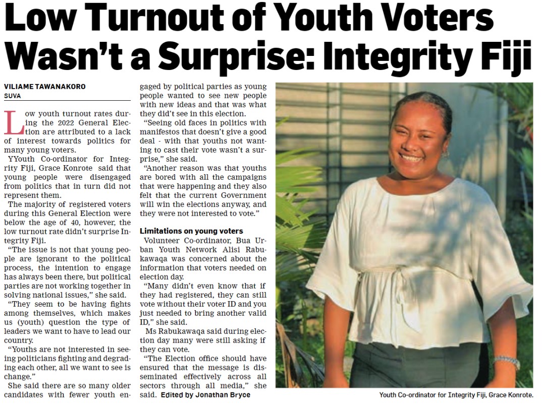 youths4integri7's tweet photo. Voting in 2026 can be made COMPULSORY like in Aus.Complex reasons for youth apathy.Need to strategise more effectively to increase youth voters in 2026.Not good for democracy if only 51% vote.#IntegrityFiji can only do so much as onus is also on voters to take initiative to vote! https://t.co/kJcic0AL9V