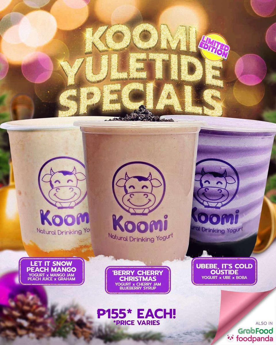 AranetaCity's tweet photo. Treat yourself to the latest #GuiltlessGoodness Christmas drinks in town - the Koomi Yuletide Specials! π
Enjoy Let It Snow Peach Mango, Ubebe, It's Cold Outside, & 'Berry Cherry Christmas at #KoomiPH, Ali Mall. π
These are only available until January 7, 2023.
#AranetaCity https://t.co/ljeQZFkPJV