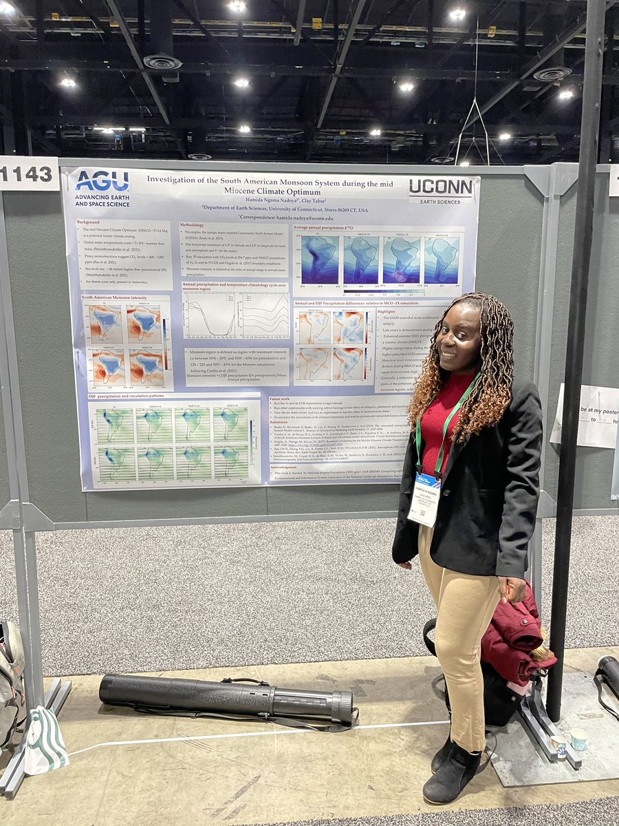 UConn_C3_Lab's tweet photo. The C3 lab wrapped up #AGU22 with a talk by @MG_Albright on the Pliocene North American Monsoon, a poster by @hamida_ngoma on the Miocene South American Monsoon, and a poster by Taylor Deneau on a Pliocene climate emulator. Excited to see everyone’s research come together! https://t.co/DPOVljYPuP