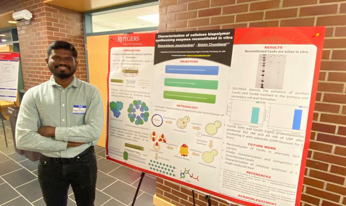 sps_chundawat's tweet photo. Congratulations to my PhD student (DJ) on winning the first prize at the @BMERutgers annual research symposium today for his work on membrane reconstituted glycosyl transferases! Here are pictures of the @ChundawatLab students that presented at this event. @ChemE_RU #glycotime https://t.co/CUBO8SpgIm
