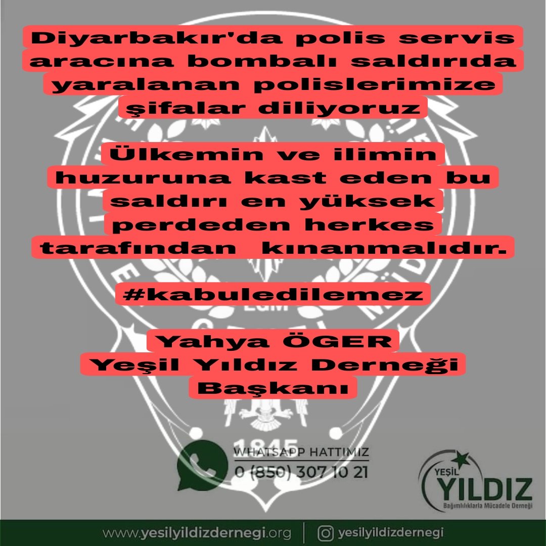 YeşilYıldız (@yesilyildizder) on Twitter photo #Diyarbakır'da #polis servis aracına bombalı saldırıda yaralanan polislerimize şifalar diliyoruz
Ülkemin ve ilimin huzuruna kast eden bu saldırı en yüksek perdeden herkes tarafından kınanmalıdır.
#kabuledilemez
<a href="/yahyaoger/">yahya öger</a>
Yeşil Yıldız Derneği Başkanı #Diyarbakır'da #polis servis aracına bombalı saldırıda yaralanan polislerimize şifalar diliyoruz
Ülkemin ve ilimin huzuruna kast eden bu saldırı en yüksek perdeden herkes tarafından kınanmalıdır.
#kabuledilemez
<a href="/yahyaoger/">yahya öger</a>
Yeşil Yıldız Derneği Başkanı