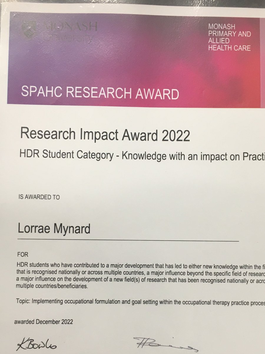 LorraeMynard's tweet photo. Honoured &amp; delighted that my PhD research on implementing #occupationalformulation has been recognised for making an impact on practice, with an award from @SPAHCMonash https://t.co/iaMysyUYFv