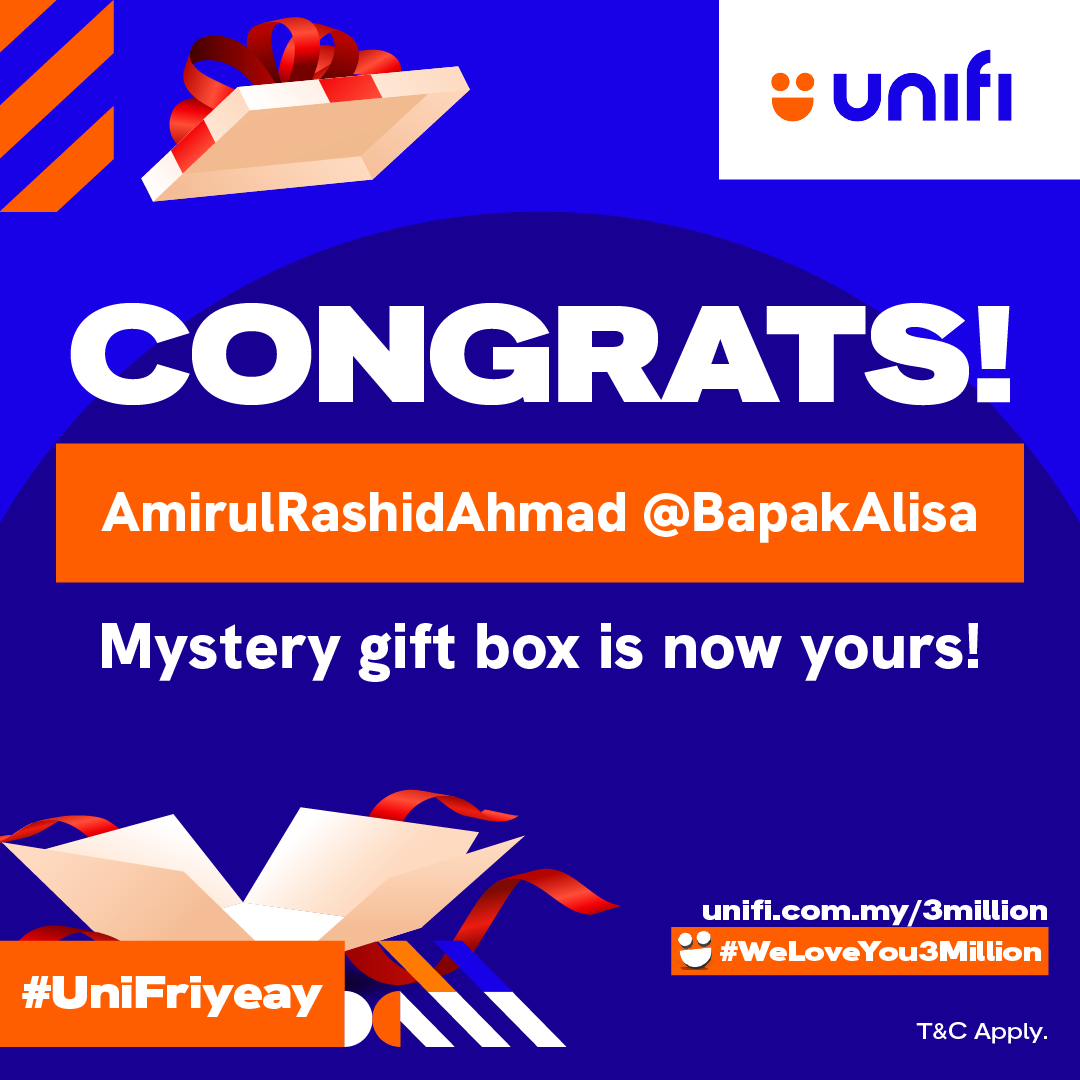 unifi's tweet photo. #UniFriyeay Congrats @BapakAlisa You've won the first round! We will DM you in a bit <3

#WeLoveYou3Million https://t.co/fdEsW3jXOq
