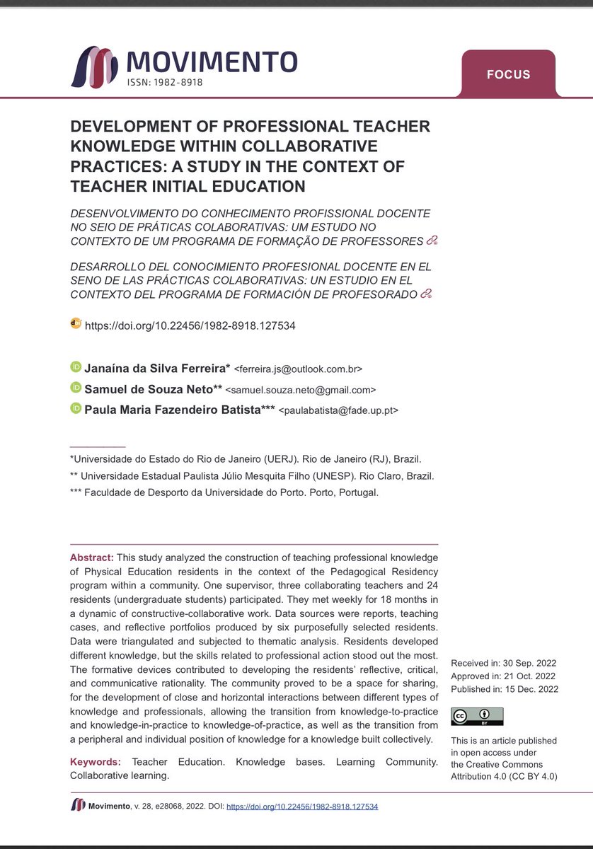 Borges_Ceci's tweet photo. An amazing partnership between Brazilian and International researchers about Collaborative CPD in PE on @MovimentoUFRGS de l’Université fédérale du Rio Grande du Sud. Un grand merci à Alex Branco Fraga éditeur en chef pour l’appui et à la Revue Movimento https://t.co/hr6A8ZbU2O