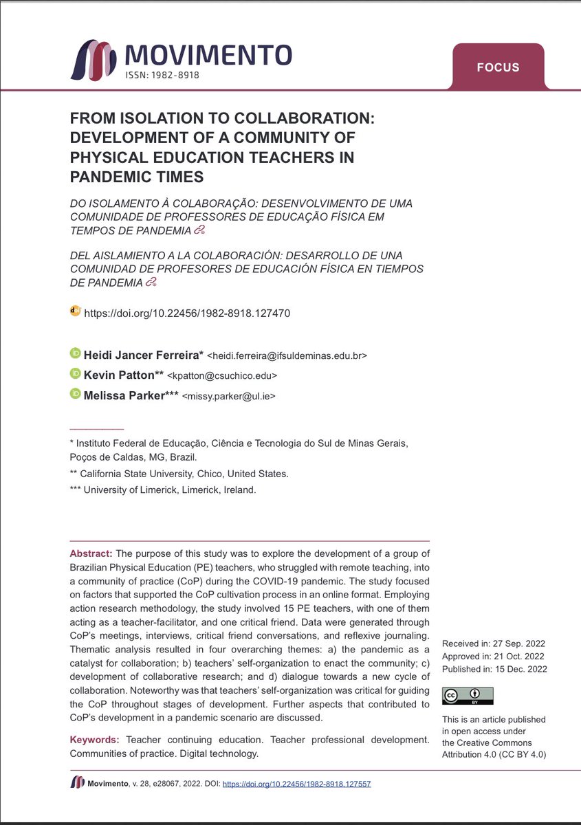 Borges_Ceci's tweet photo. An amazing partnership between Brazilian and International researchers about Collaborative CPD in PE on @MovimentoUFRGS de l’Université fédérale du Rio Grande du Sud. Un grand merci à Alex Branco Fraga éditeur en chef pour l’appui et à la Revue Movimento https://t.co/hr6A8ZbU2O