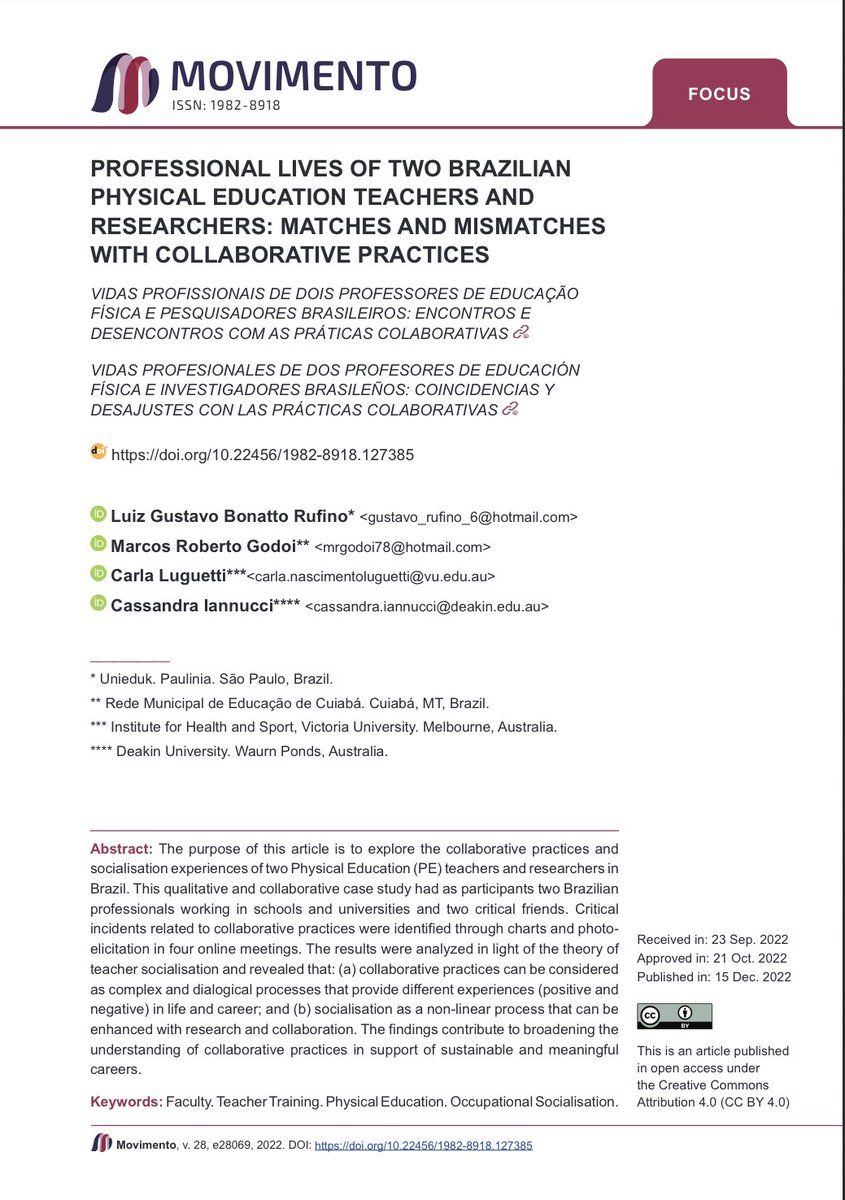 Borges_Ceci's tweet photo. An amazing partnership between Brazilian and International researchers about Collaborative CPD in PE on @MovimentoUFRGS de l’Université fédérale du Rio Grande du Sud. Un grand merci à Alex Branco Fraga éditeur en chef pour l’appui et à la Revue Movimento https://t.co/hr6A8ZbU2O