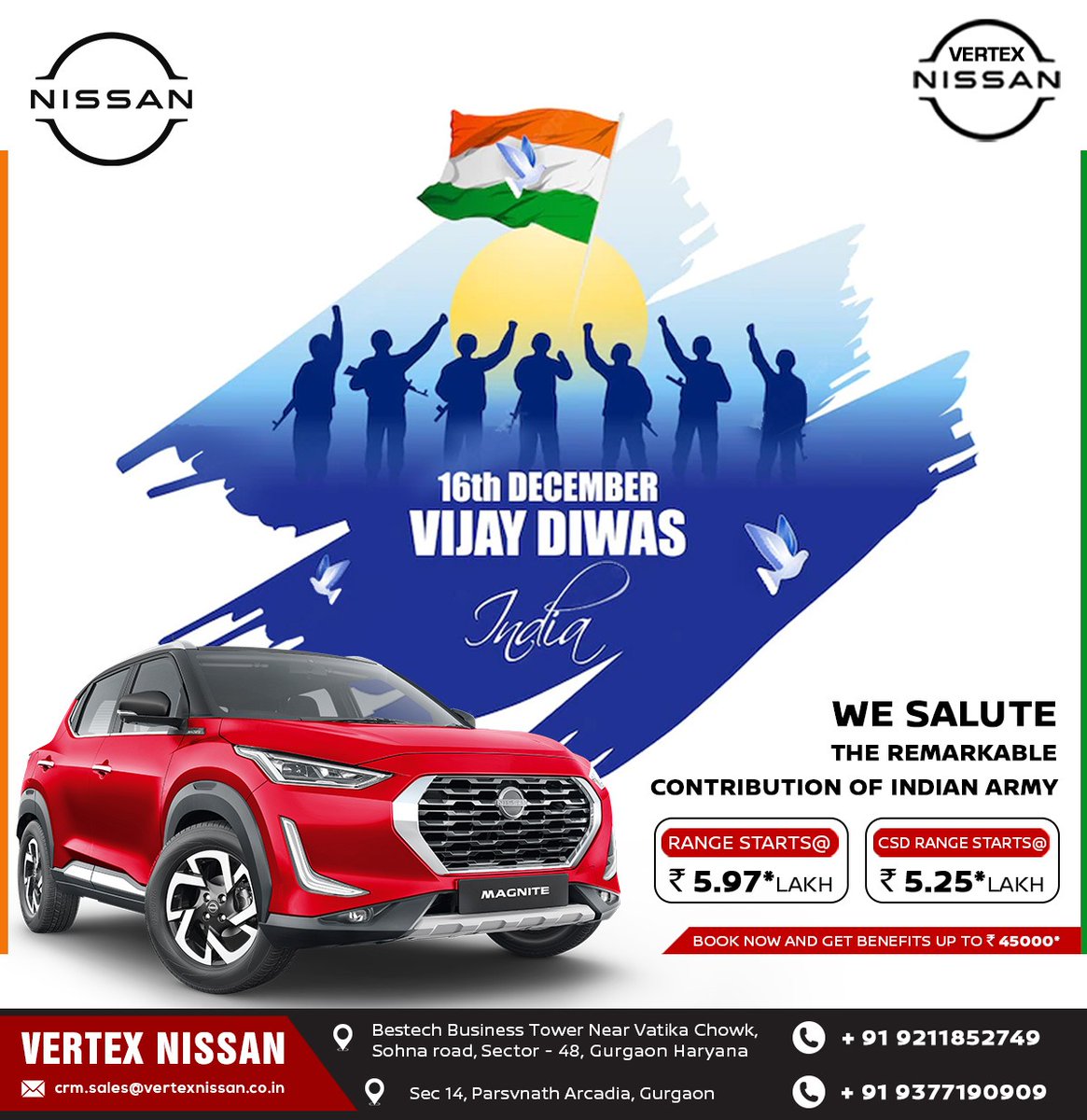 VertexNissan's tweet photo. #VertexNissan #Wishes #16December
#HappyVijayDiwas✌️to all of us. Let's remember the sacrifice of those brave soldiers who died in the line of duty to protect our nation🇮🇳. 
Salute to all the brave soldiers of the Indian Army who laid down their lives fighting for our nation. https://t.co/Lfj8FhCvQP