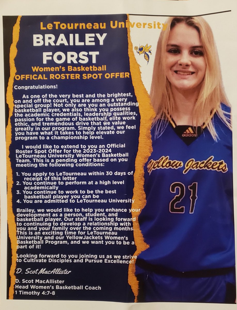 Just would like to announce my first offical offer to continue my basketball career at LeTourneau University in Longview, TX. Coach Scot MacAllister and Coach Ashley Crockett made my visit one to remember, their hospitality, the campus, everything was awesome! Thank you both!