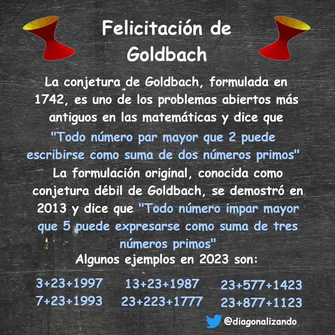 diagonalizando's tweet photo. Que tengáis un feliz año nuevo!!! Os deseamos que este 2⃣0⃣2⃣3⃣ os traiga la misma felicidad y alegría que nos transmiten los números primos a los matemáticos.
🎉🍾🥳¡¡¡¡¡FELIZ 23+223+1777!!!!!🥳🍾🎉
#FelizAñoNuevo #Feliz2023 #Matematicas #Goldbach #NumerosPrimos https://t.co/ogY72df8PI