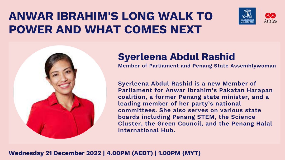 Asialink_au's tweet photo. Thrilled to announce the panel for next Wednesday's webinar on 🇲🇾 Malaysia's recent election, including @syerleena, @syazashukri, Professor James Chin, and moderator @keanmwong.

Make sure you register here! https://t.co/e9kMZsXRCv

#Malaysia #AnwarIbrahim #Politics #Webinar https://t.co/TOnFxJNzoa
