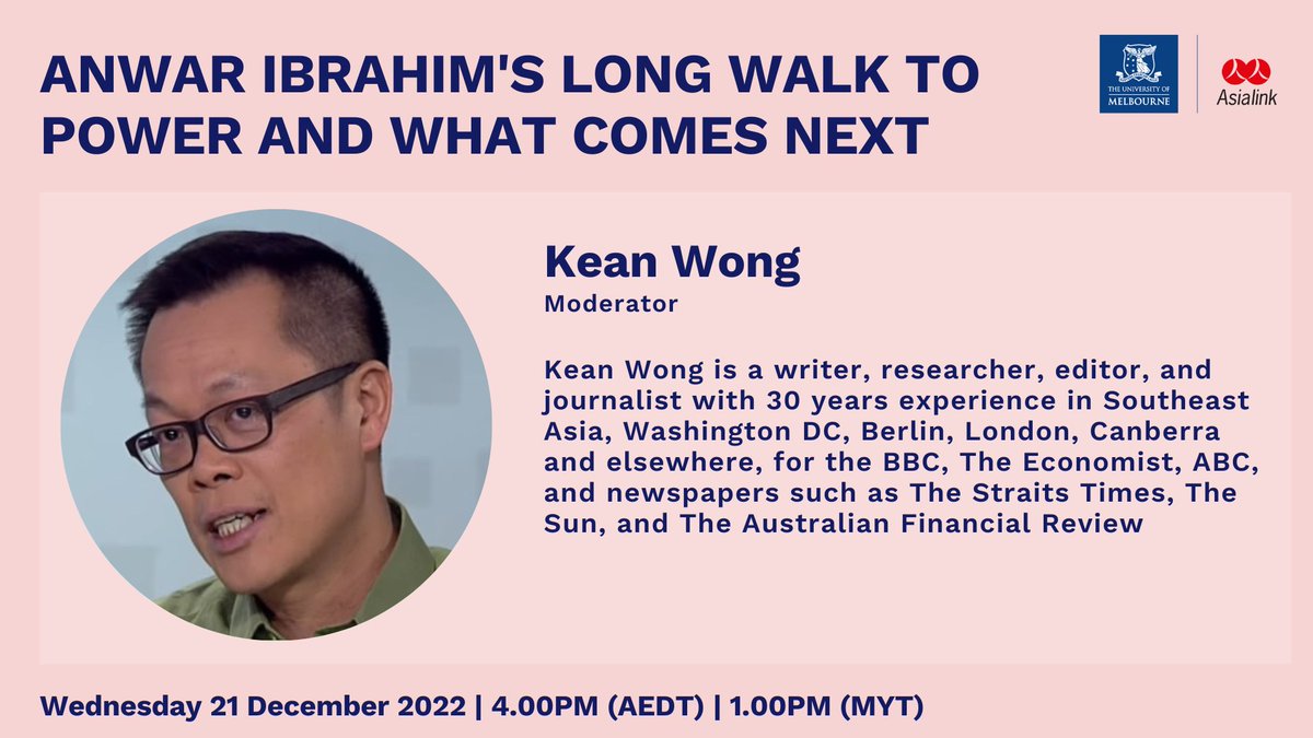 Thrilled to announce the panel for next Wednesday's webinar on 🇲🇾 Malaysia's recent election, including <a href="/syerleena/">Syerleena Abdul Rashid</a>, <a href="/syazashukri/">Syaza Shukri</a>, Professor James Chin, and moderator <a href="/keanmwong/">kean</a>.

Make sure you register here! lnkd.in/g8C7UqHU

#Malaysia #AnwarIbrahim #Politics #Webinar