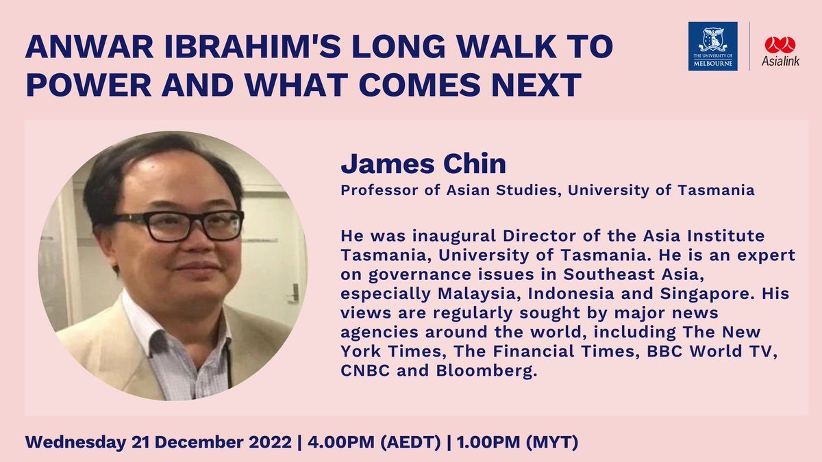 Asialink_au's tweet photo. Thrilled to announce the panel for next Wednesday's webinar on 🇲🇾 Malaysia's recent election, including @syerleena, @syazashukri, Professor James Chin, and moderator @keanmwong.

Make sure you register here! https://t.co/e9kMZsXRCv

#Malaysia #AnwarIbrahim #Politics #Webinar https://t.co/TOnFxJNzoa