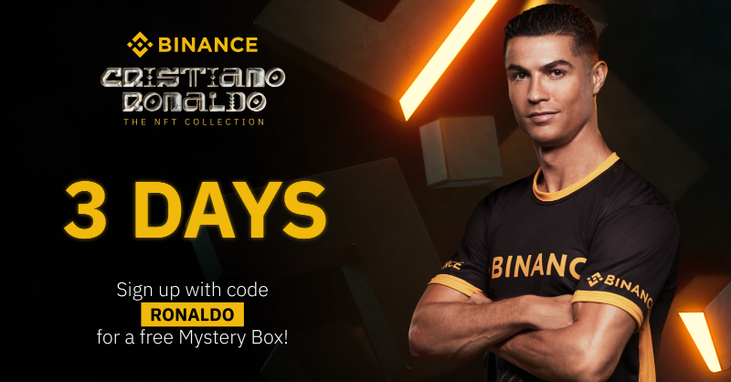 binance's tweet photo. Only 3 days to go to secure your free CR7 Mystery Box ⏰

Sign up using code 'RONALDO' to claim yours today!