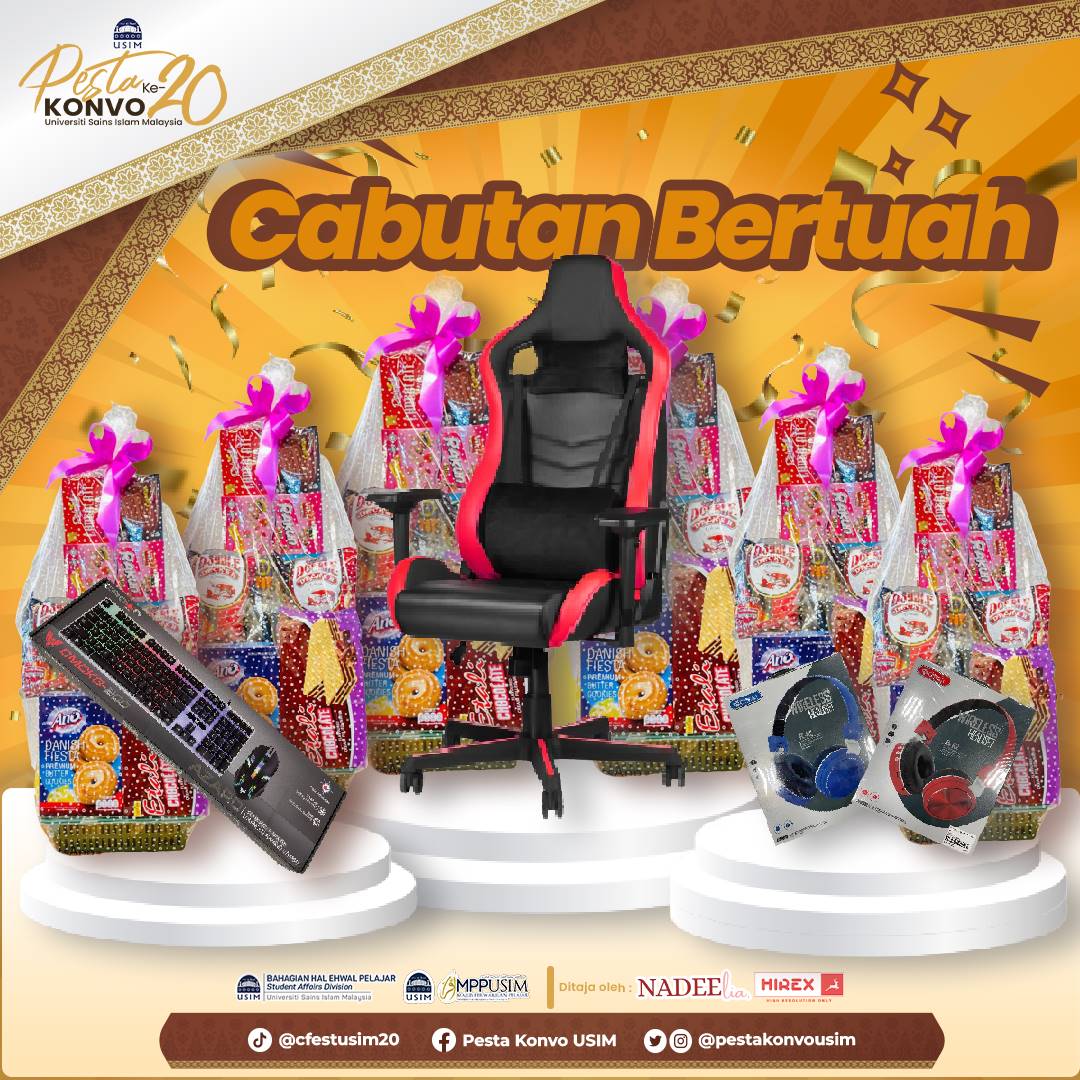 [ CABUTAN BERTUAH UNTUK ANDA YANG BERTUAH ]✨

👀 Ternanti-nanti siapakah yang bakal membawa pulang hadiah² menarik ini ? 

Hadiah Pertama: Kerusi Gaming
Hadiah Kedua: Keyboard
Hadiah Ketiga: Headphone

❗ Ayuh hadirkan diri anda ke Majlis Perasmian Penutup Pesta Konvokesyen ❗
