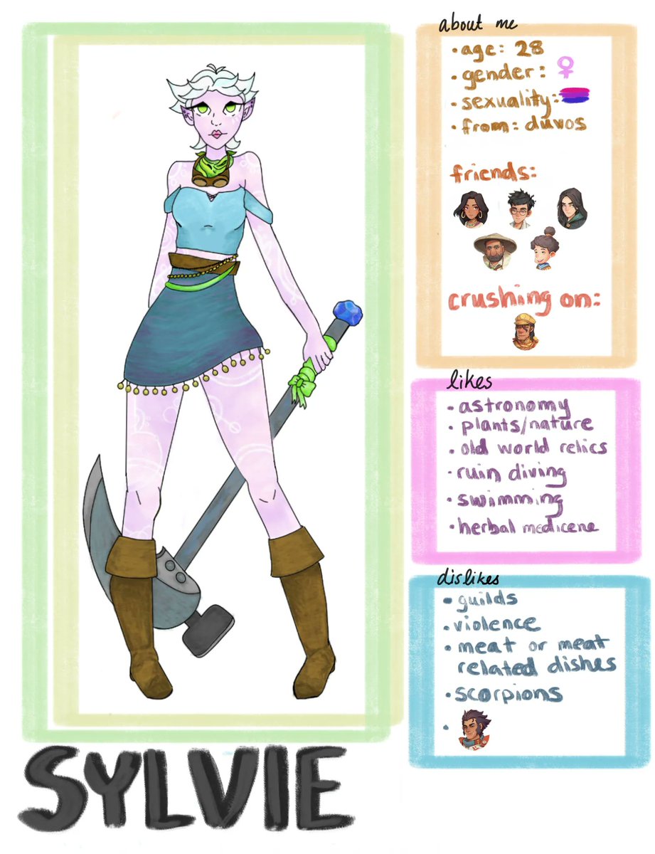 roteirja's tweet photo. new sandrock oc, Sylvie! she escaped the violence and corruption of duvos and came to sandrock to start a new life where she is free to relax and explore her bonds with nature. she is a pacifist and does not carry weapons, but will use her pickaxe to defend herself if necessary. https://t.co/spmsiyrSjQ