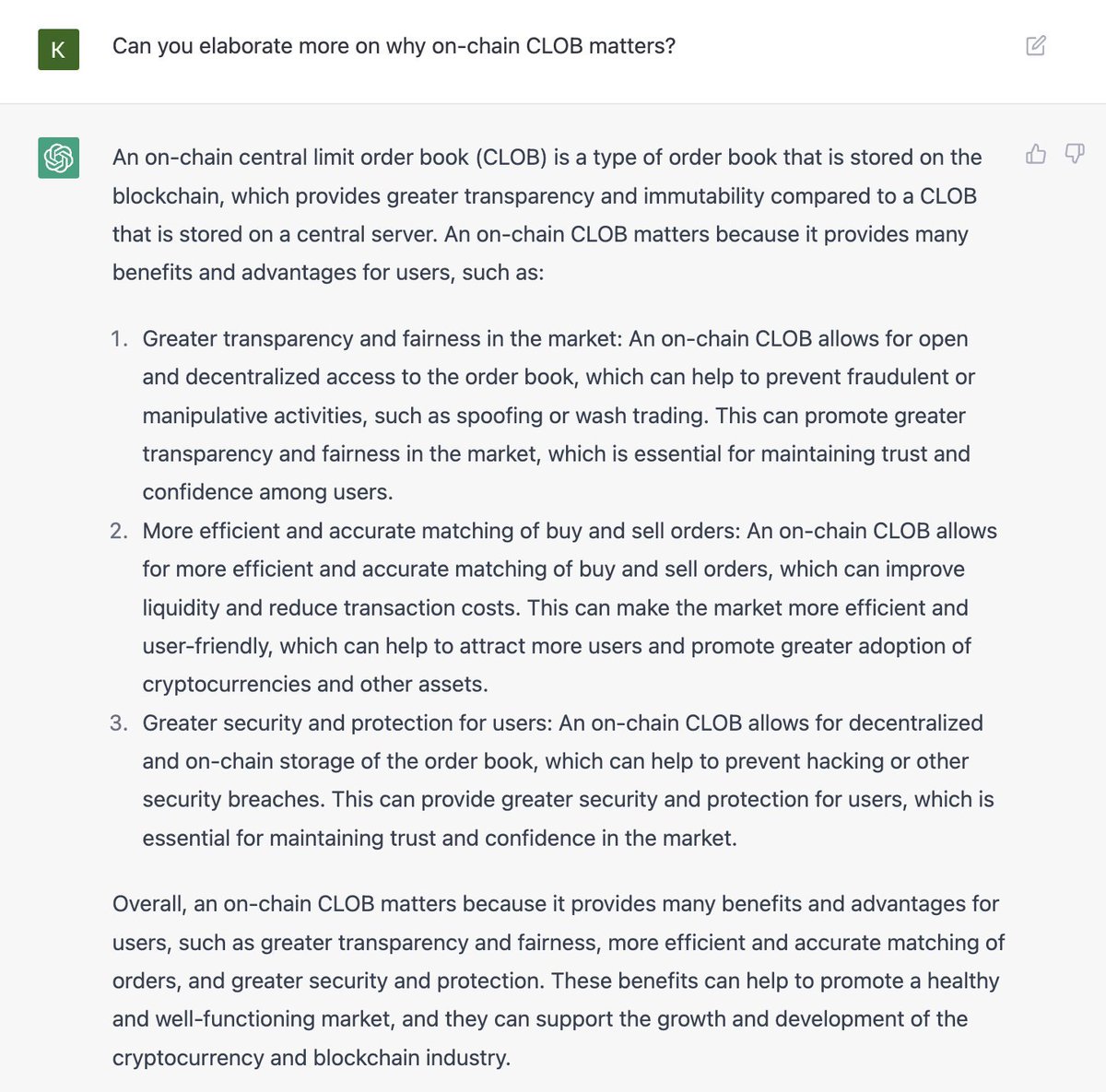 ChatGPT spitting some truth bombs on "why on-chain CLOB matters" 😯 

h/t <a href="/CloberDEX/">Clober | Fully on-chain CLOB DEX</a>