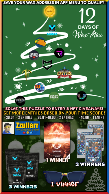 zuler's tweet photo. 🎄12 Days of WAX-Mas: Day 3🎄

Get ready to play the @ConsumerBreak WAX-Mas puzzle and compete for over 6000 WAX in prizes! 🔥

Steps✅

1. Download the ConsumerBreak app

2. Post a PICTURE of your time with the hashtag #WAXMas 📷

3. Join the giveaway: https://t.co/XeYg4l8KDh https://t.co/SUEiCXCkc6