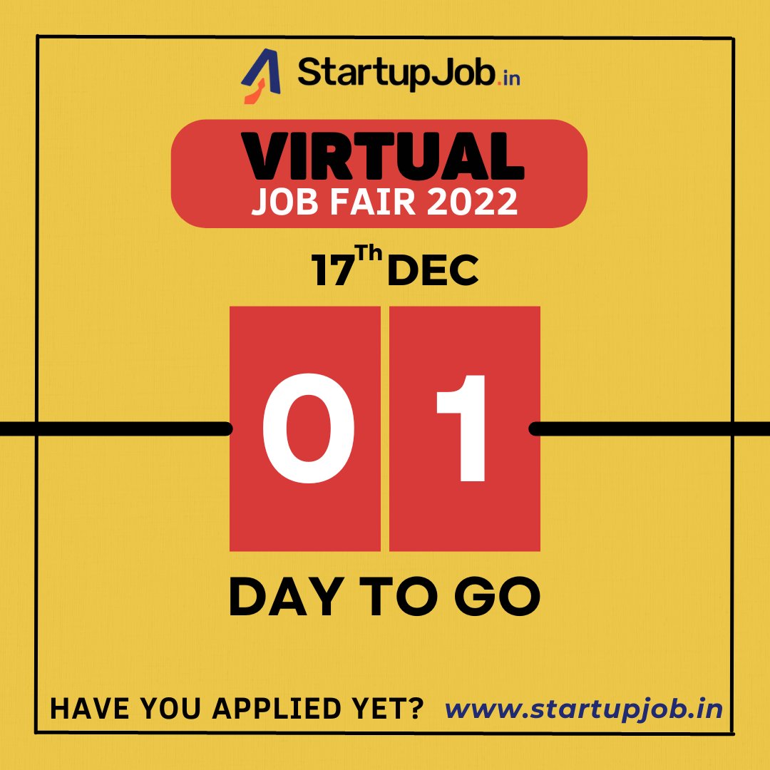 startupjobin's tweet photo. Only #1daystogo for Virtual Job Fair 2022.
Have you applied yet? Now 40+ companies hiring for 130+ jobs! Create your Profile to Participate Now!
 #hiringnow #jobs #jobfair2022 #activejob #startupjobs #virtualjobfair #indiastartups #jobsearch #dreamjob #jobsforfreshers #jobseekers https://t.co/68dv8oFdtC