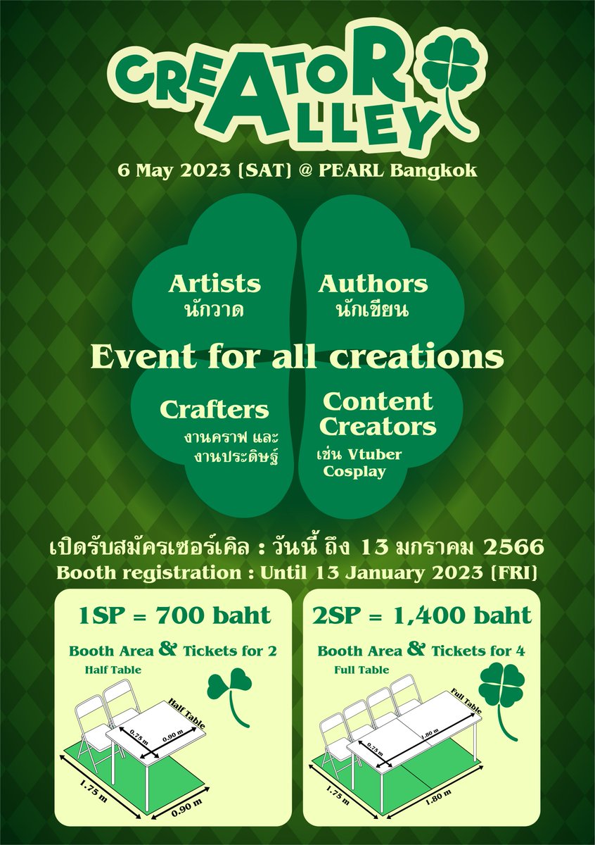 **เปิดรับสมัครเซอร์เคิลตั้งแต่วันนี้ ถึง 13 ม.ค. 66**
กฎพื้นฐาน > creatoralleyth.wordpress.com/circle/
ใบสมัคร > forms.gle/h6KghW1CS3igoB…

» เลือกได้ทั้ง 1SP และ 2SP
» จำหน่ายสินค้าหมวดอื่นได้ แต่ต้องมีสินค้าจากหมวดที่ตัวเองสมัคร
» ผู้มีสายรัดข้อมือ**สามารถแต่งกาย Cosplay ได้

#CreatorAlleyTH