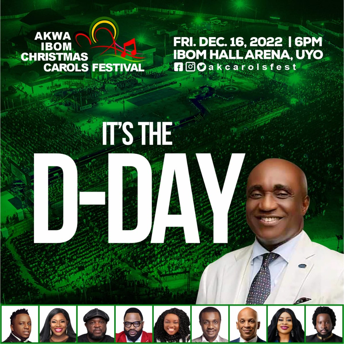 It is happening today.
Akwa Ibom Christmas carols festival, 2022.
Live in Uyo at the Ibom Hall Grounds 
#AKCAROLSFEST2022 #GodFORWARD 
Cc. 
<a href="/asterizzle/">asteroid bassey</a> @raphedem1 <a href="/AityDennis/">Aity Dennis</a> <a href="/sinach/">Sinach</a> <a href="/Buchibwai/">Buchi</a> <a href="/nathanielblow/">Nathaniel Bassey</a> <a href="/SonnieBaduuk/">Sonnie Badu PhD</a> <a href="/enorrh/">Enobong Alphonsus</a> <a href="/CreamyFlorence/">Florence Essien</a> <a href="/Ameyaiyacreativ/">Ameyaiya</a>