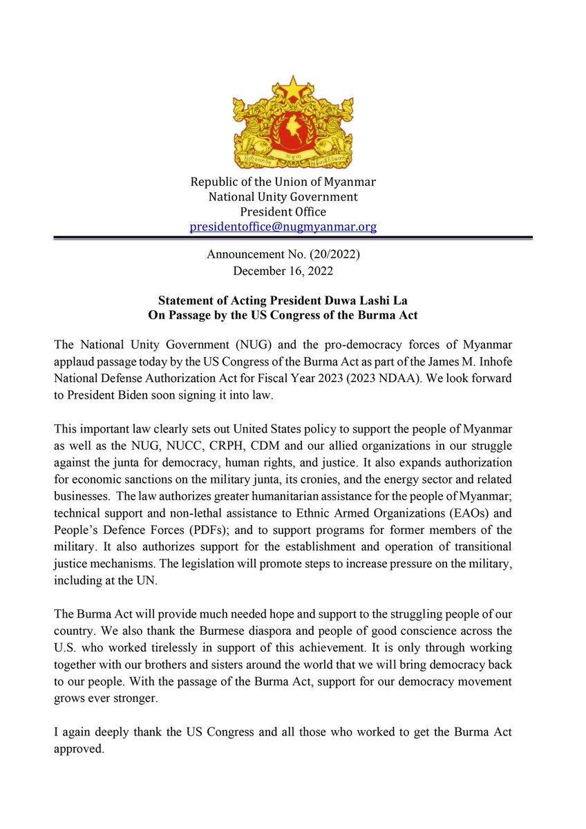 bloggernpl's tweet photo. #NUG applaud passage today by the US Congress of the Burma Act as part of the NDAA, thank the Congress &amp; all those who worked to get it approved. It is another chapter in the US-Myanmar fight for freedom, an example of our people’s shared commitment in the struggle for democracy. https://t.co/ARWKTHCdOK