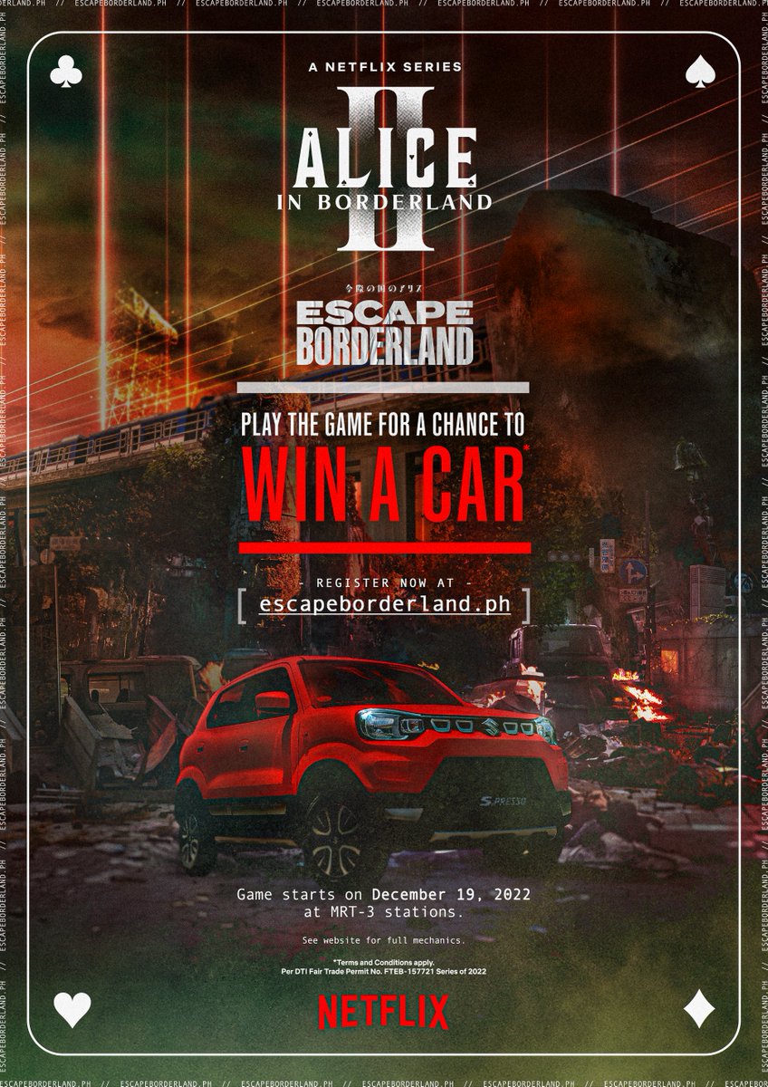 Netflix_PH's tweet photo. Ready to escape the borderland in Manila? Play the #EscapeBorderland game at MRT 3 stations starting Dec. 19, 2022 for a chance to win a brand-new car.

Difficulty: It’s for you to find out.

Register now at https://t.co/aSovji3wC8.

DTI PERMIT NO: FTEB-151105 series of 2022 https://t.co/4FANKQYPET