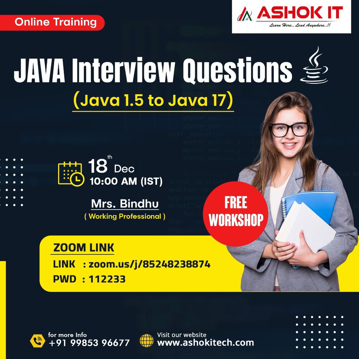 ashokitschool's tweet image. 🛑Free Workshop🛑
✍️ Enroll Now : bit.ly/3ErmRiz
👉 Workshop On 18th-Dec @ 10:00 AM IST
🌐 Visit : ashokitech.com
CALL NOW: +919985396677
#javainterviewquestions #java1.5 #java17 #java #workshop #ashokit #freeworkshop #weekendworkshop #onlinetraining