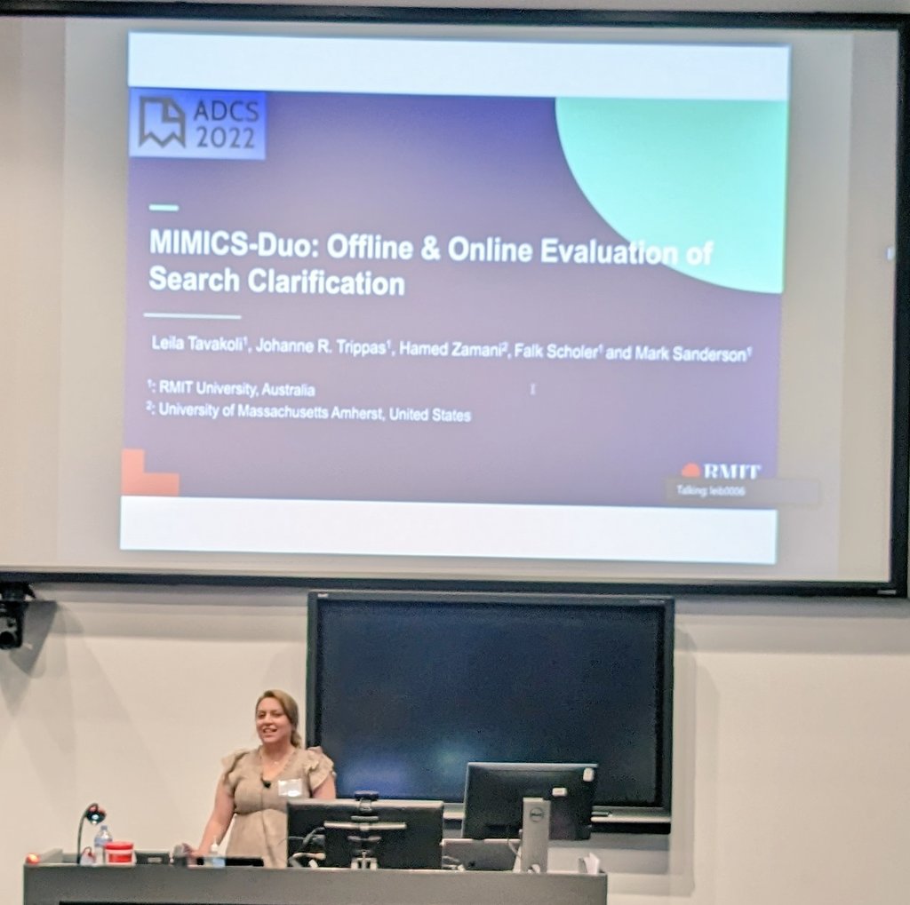 JTrippas's tweet image. Very last and very best #adcs2022 presentation by @LeilaTavakolii &quot;MIMICS-Duo: Offline &amp;amp; Online Evaluation of Search Clarification&quot; from #sigir2022 😊😉

w @JTrippas @HamedZamani @IR_oldie et al.
@rmit_cidda @ResearchRMIT @RMITComputing #voteadcs2022 

johannetrippas.com/papers/tavakol…