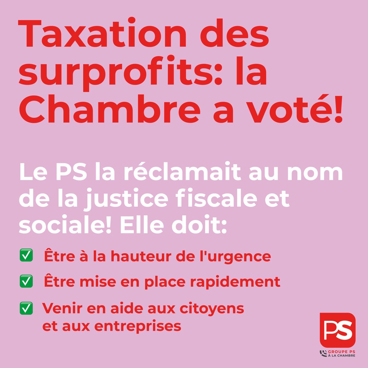 Le PS demandait depuis des mois que les surprofits des entreprises de l'#énergie soient taxés. 
Enfin, le projet de loi qui met en place cette taxation a été adopté ce jeudi à #laChambre