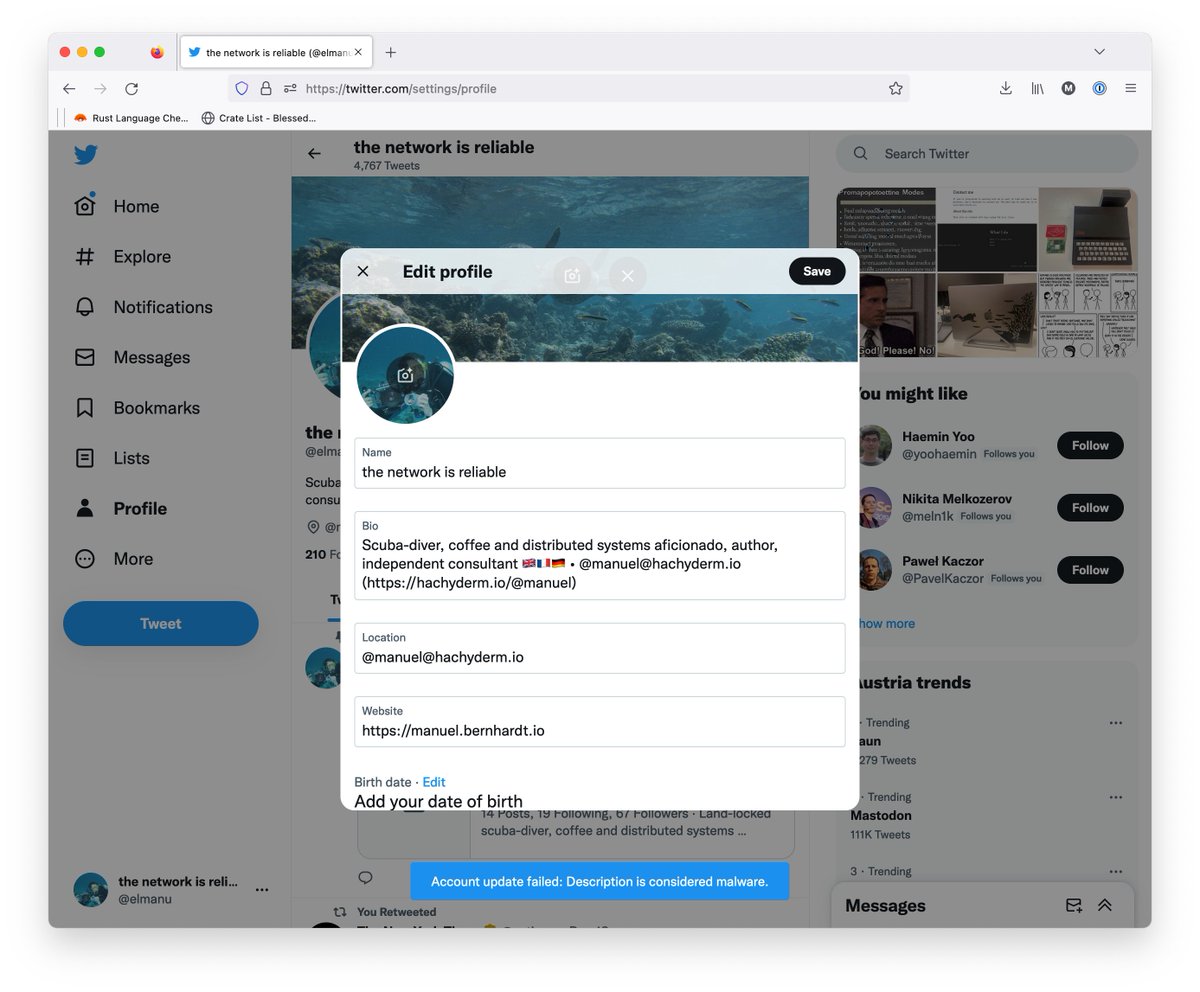 So much for "free speech", <a href="/elonmusk/">Elon Musk</a> (hachyderm is a mastodon server)